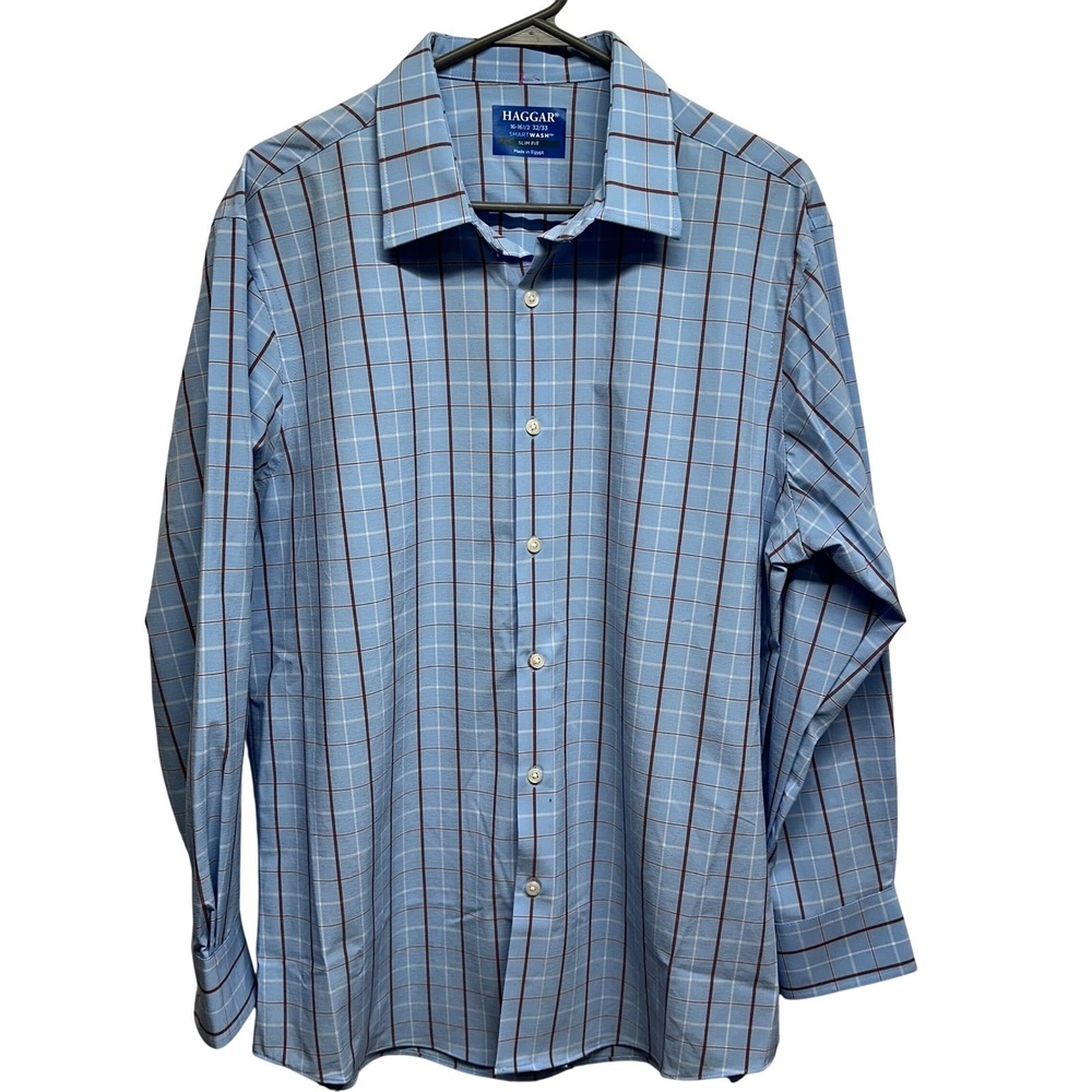 Haggar Mens Light Blue Plaid Slim Fit SmartWash Button Down Dress Shirt 16 16 12